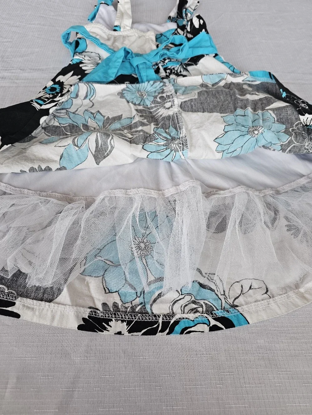 My Michelle Girl's White Black Blue Floral Sleeveless Sundress with Brooch Sz 10